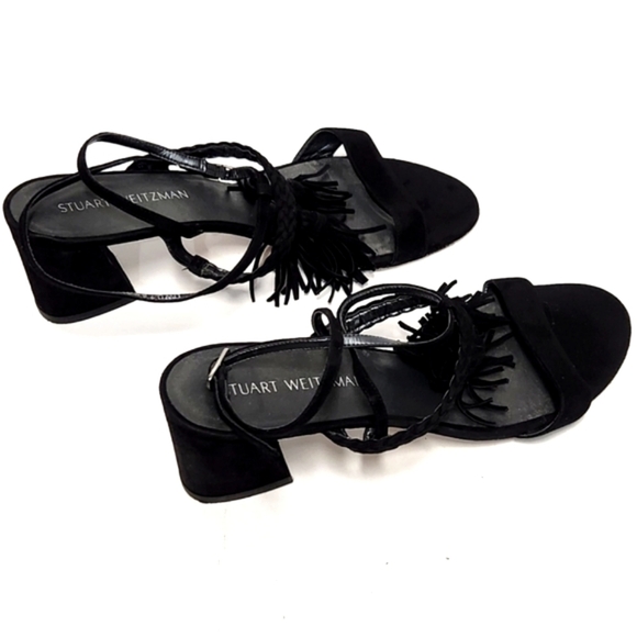 Stuart Weitzman Black Tasselmania Suede Block Heel Sandals - Picture 6 of 12